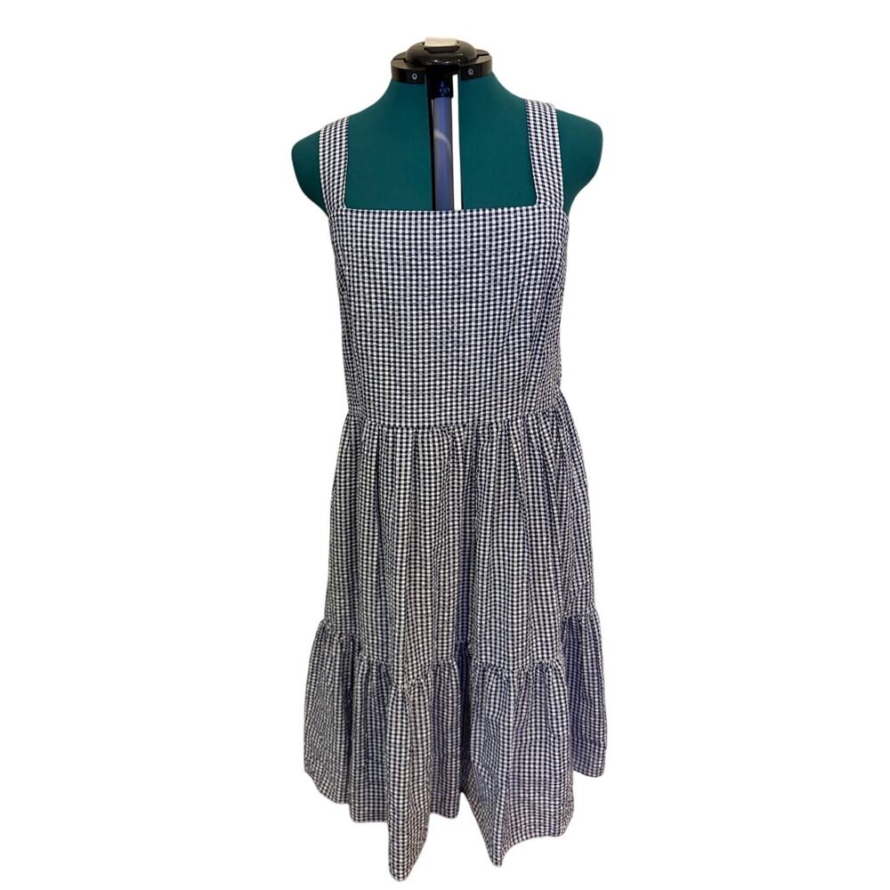 ELIZA J navy Blue Gingham Check poly Cotton square neck Ruffle Sundress Dress 18